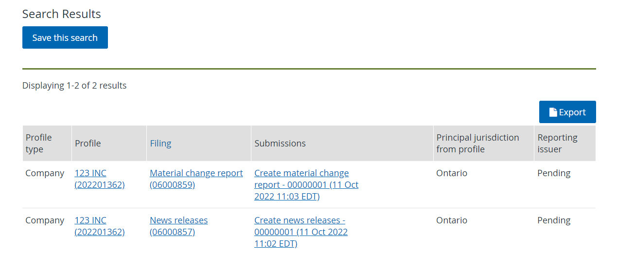 Search criteria and results Search criteria and results