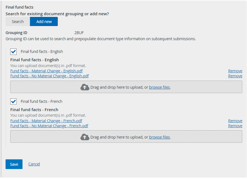 Screenshot of the document upload section showing the fund fact documents labelled 'material change' and 'no material change'.