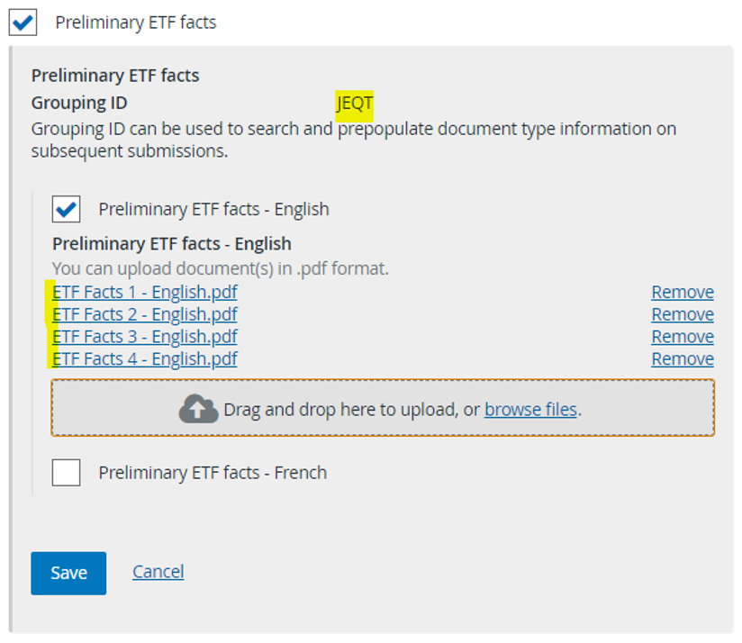 Screenshot of multiple ETF Facts documents uploaded.